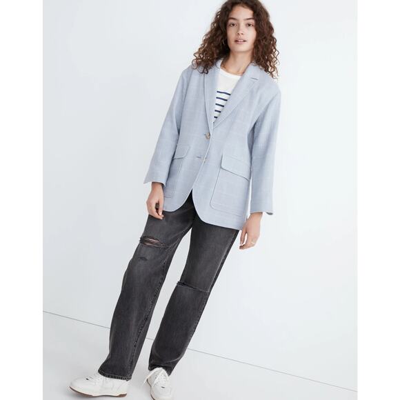 Madewell Windowpane Cotton Linen Relaxed Larsen Blazer Light Blue M Medium - Picture 1 of 10